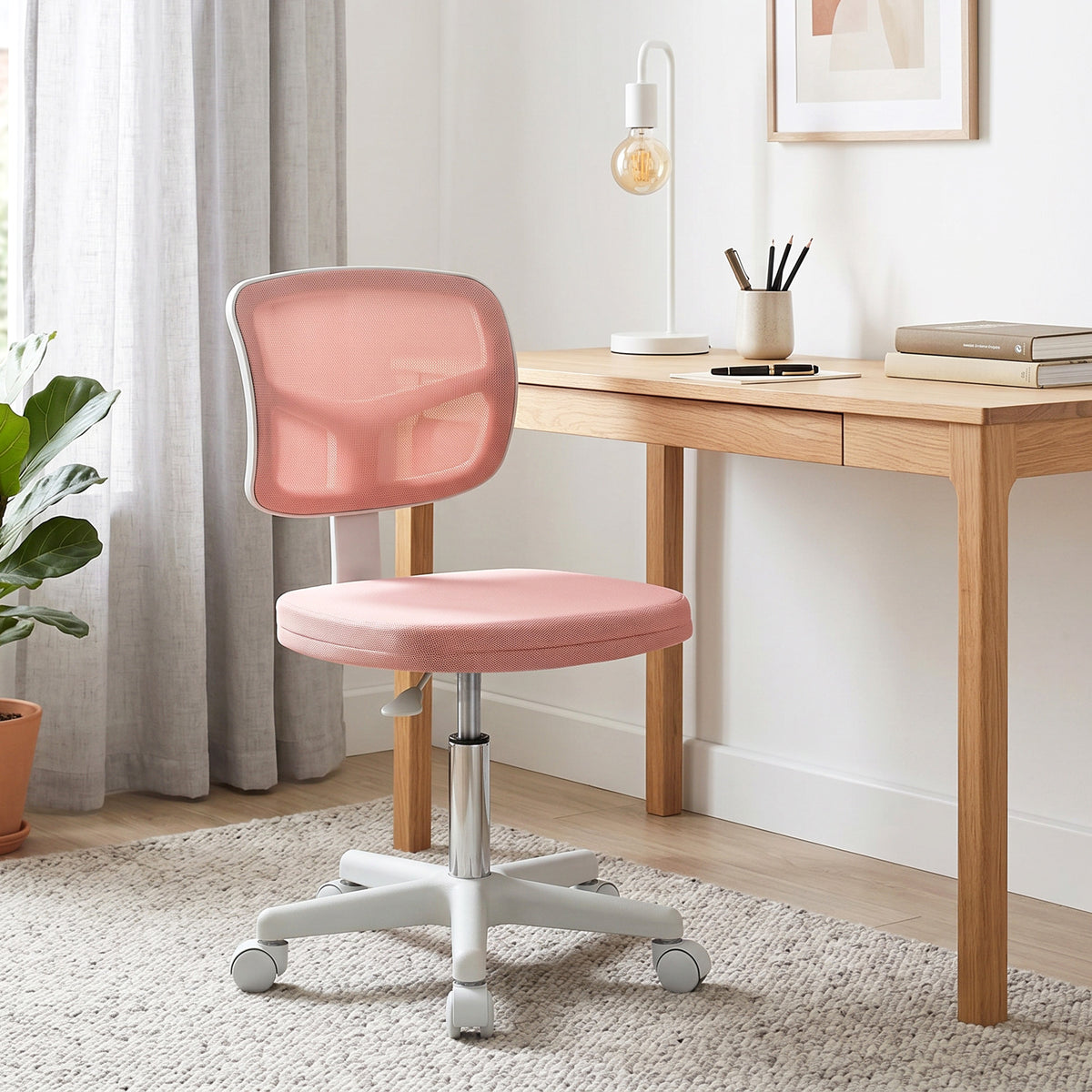 Chaise de Bureau Ergonomique Sans Accoudoirs, Fauteuil de Bureau Pivotant, Dossier Courbé en Maille et Roulettes, Rose-1