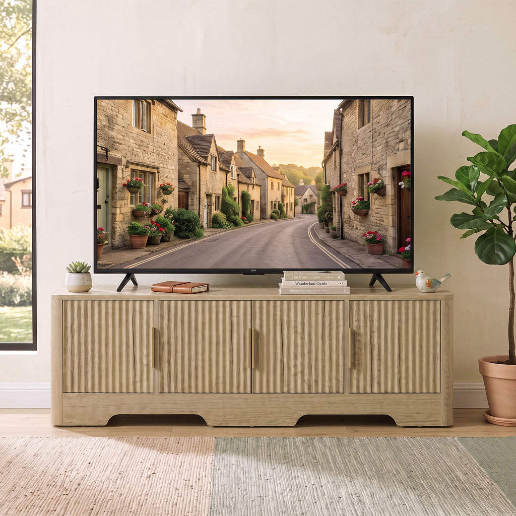 Meuble TV 140 cm, Meuble Télé pour Téléviseur jusqu'à 60 Pouces, 4 Portes Cannelées et Étagères Réglables, Chêne-8