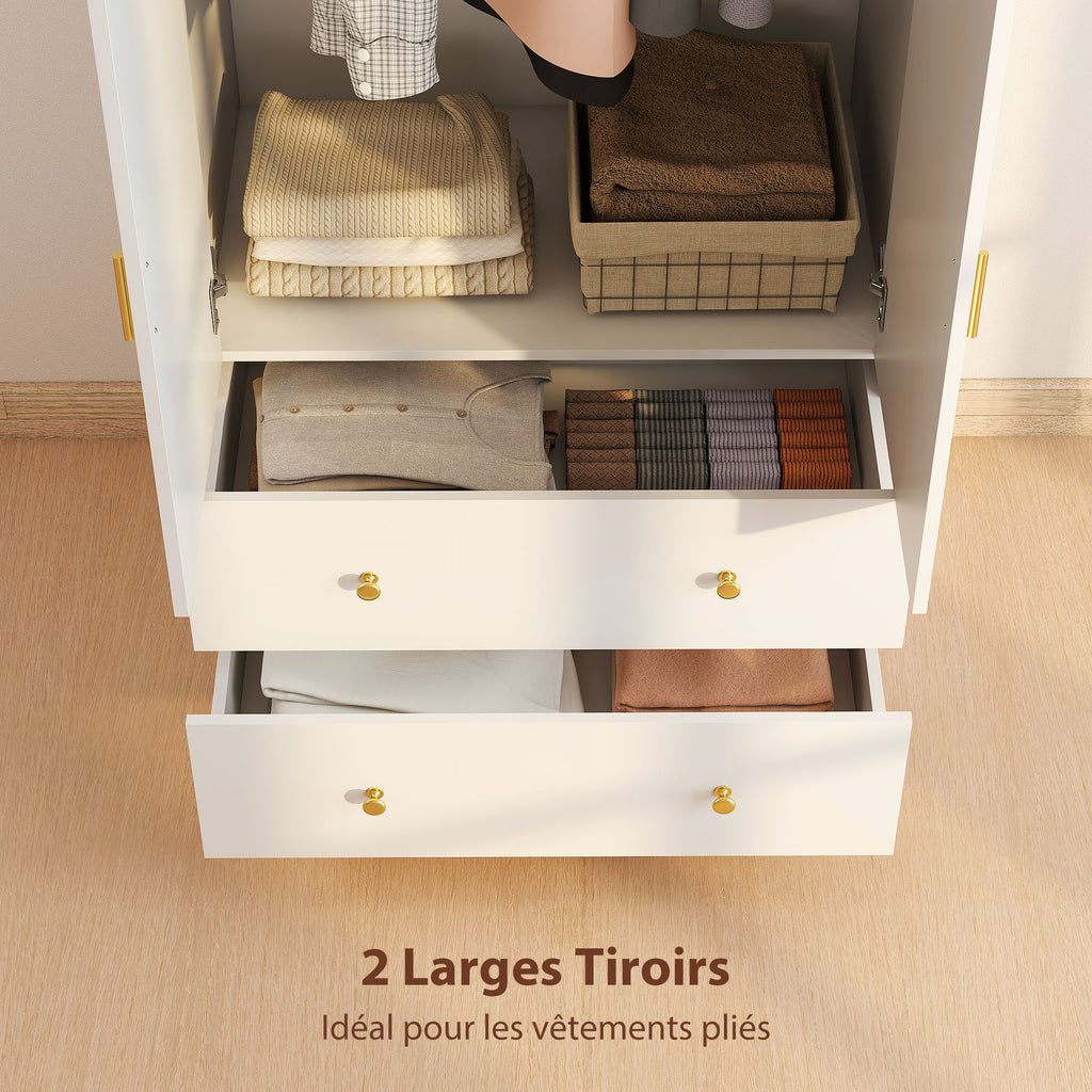 Armoire chambre penderie avec miroir, 2 portes, 2 tiroirs et barre de suspension, 80 x 50 x 180 cm, blanc-4
