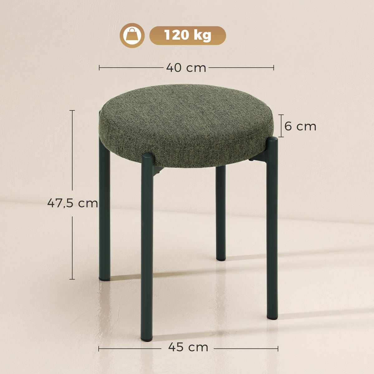 Lot de 4 Tabourets Empilables Ronds avec Assise Rembourrée, sans Dossier, Gain de Place, 45 x 45 x 47,5 cm, Vert Foncé-2