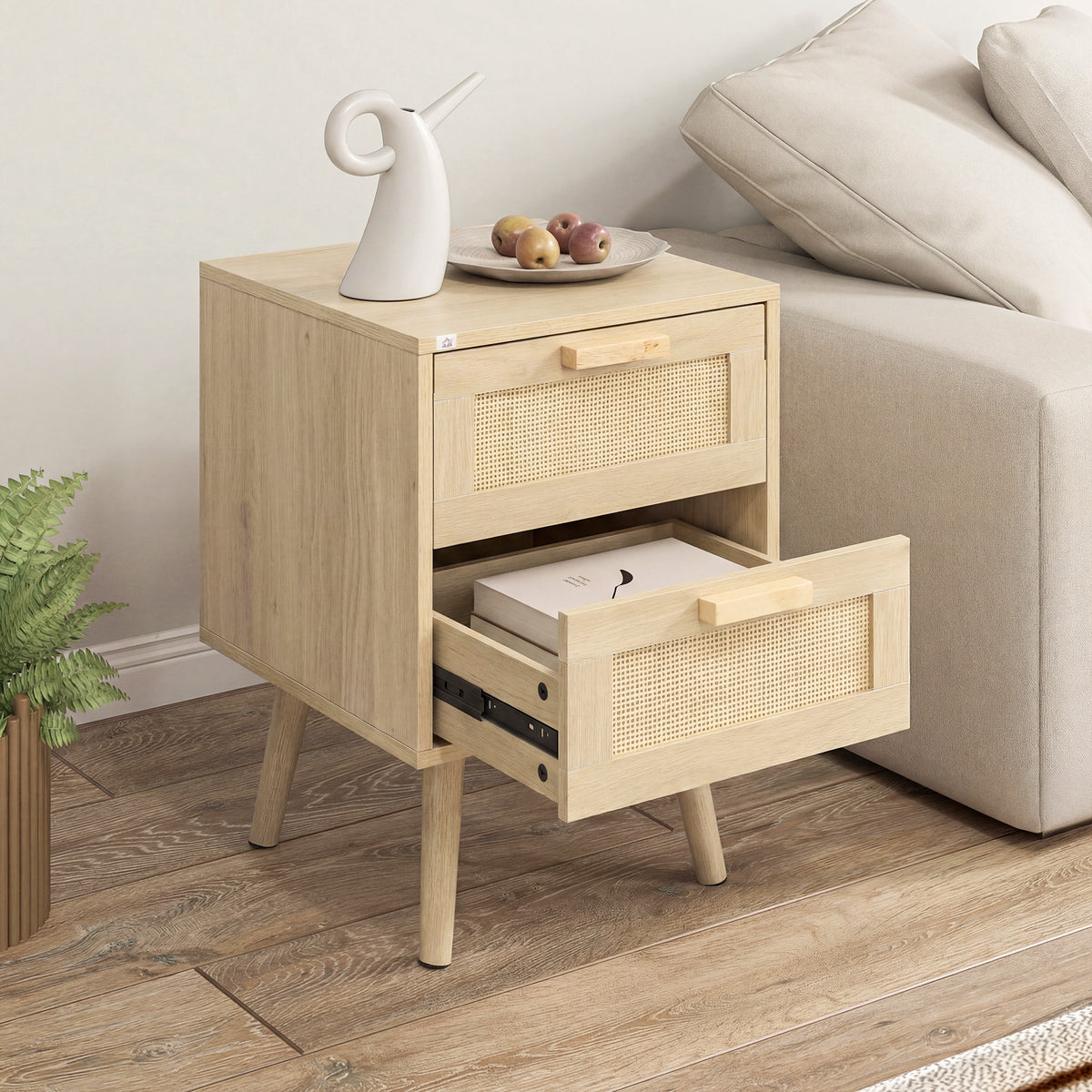 Lot de 2 tables de chevet tables d'appoint 2 tiroirs façades aspect cannage rotin style bohème 40 x 40 x 56 cm naturel-7