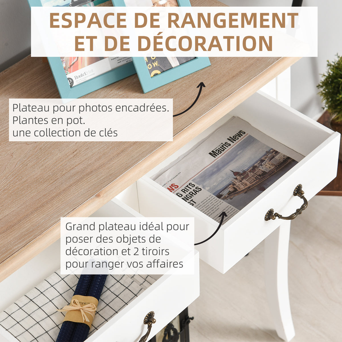 Table Console Table d'entrée Bout de Canapé Style Mexicain 2 tiroirs dim. 87L x 34l x 78H cm MDF Bois Massif pin Clair Blanc-4