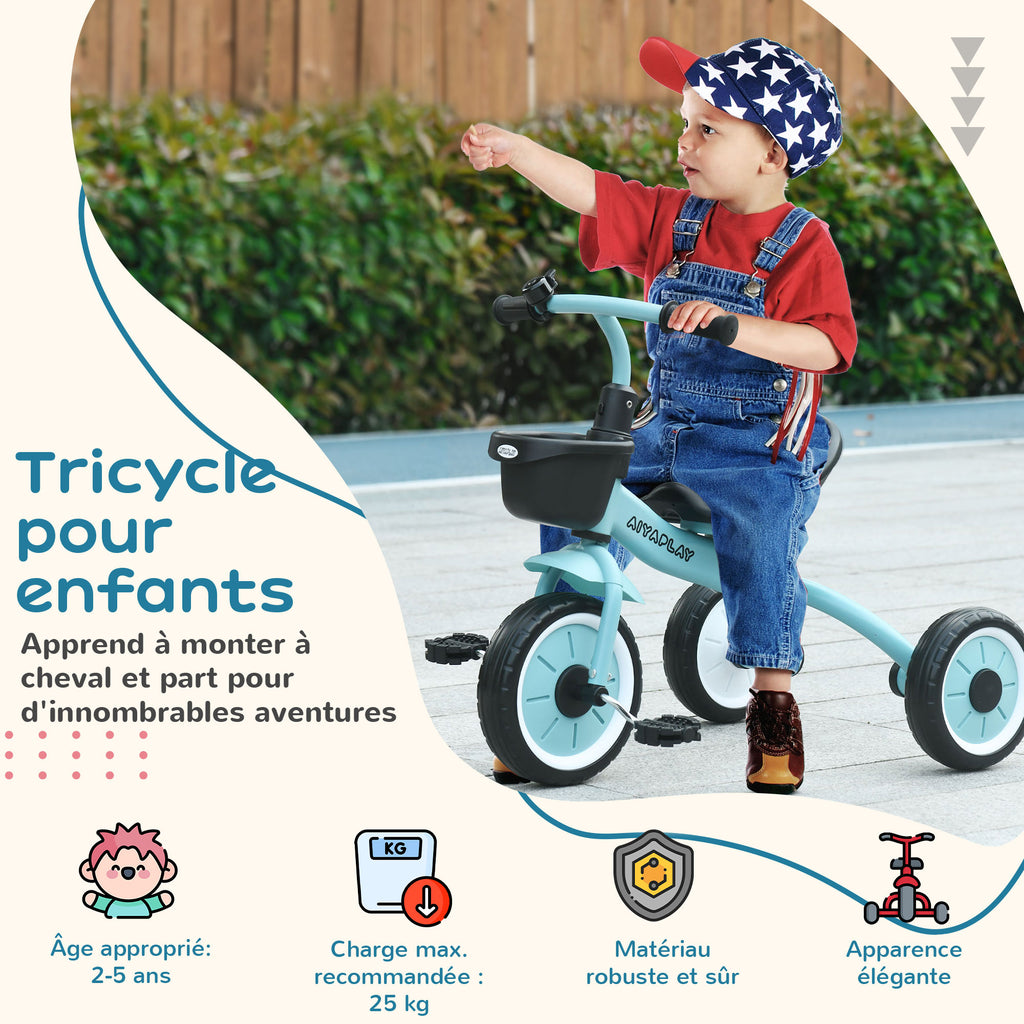 Tricycle enfants avec sonnette et panier selle réglable avec dossier - pour enfant de 2 à 5 ans bleu-3