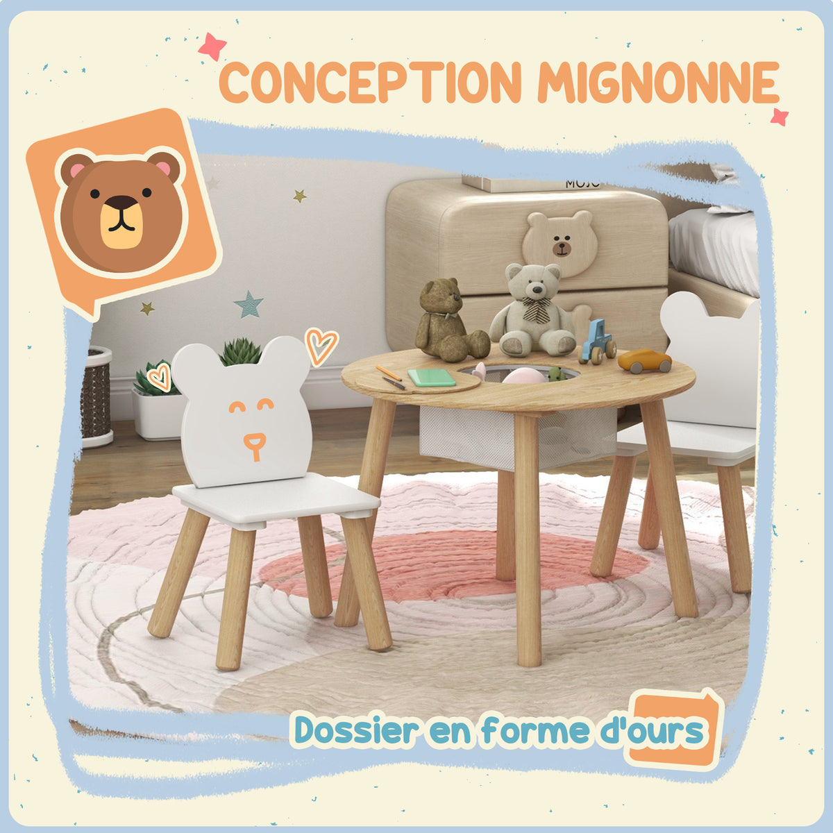 Ensemble 1 table ronde, 2 chaises pour enfant 3 pièces, dossier en forme d'ours, activités, bricolage, repas, 3-6 ans-3
