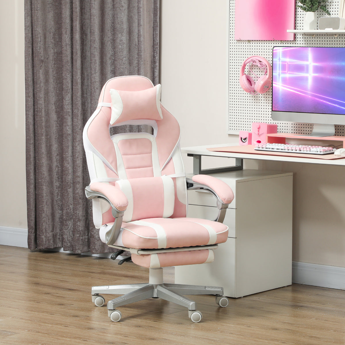 Chaise gaming, fauteuil gaming ergonomique avec repose-pieds, hauteur réglable, dossier inclinable, 63x63x123cm, rose-9