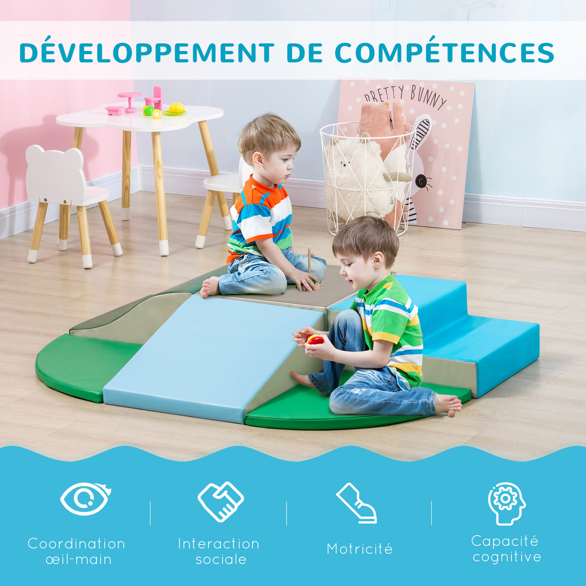 Parcours motricité bébé 6PCS, module motricité bébé en mousse EPE avec housse en revêtement synthétique, blocs mousse de construction, jouets éducatifs enfants d'âge préscolaire, multicolore-3