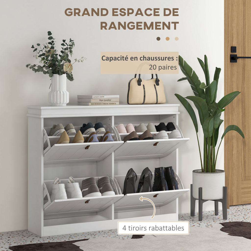 Meuble à chaussures 20 paires, armoire à chaussures, 4 tiroirs rabattables, étagères réglables, 105x24x82,5cm, blanc-3