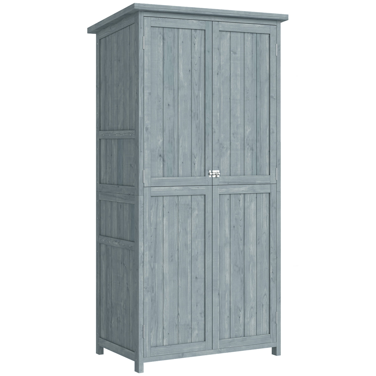 Armoire de jardin, armoire extérieure de rangement en bois avec 2 portes verrouillables, 2 étagères et 10 crochets, gris-0