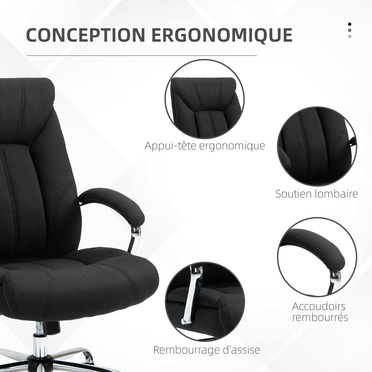 Fauteuil de bureau, chaise de bureau ergonomique, hauteur réglable, dossier haut, fonction de bascule, 65x78x118cm, noir-7