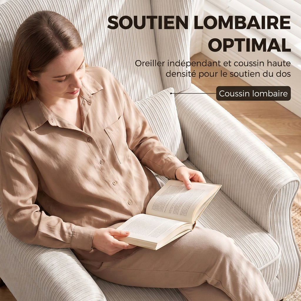 Fauteuil de Salon, Fauteuil d'Appoint Moderne en Velours Côtelé avec Haut Dossier à Oreilles, Coussin Lombaire, Beige-3