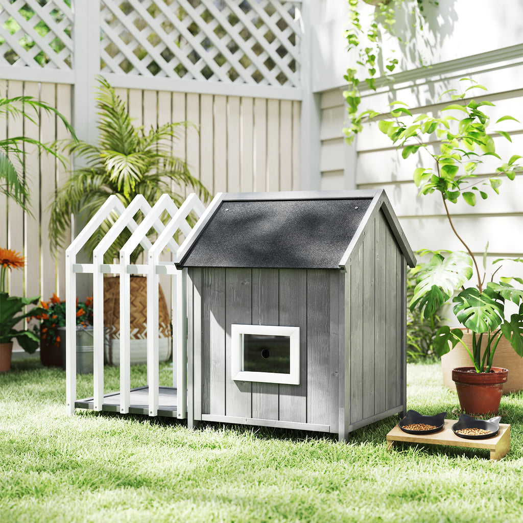Niche pour chien extérieur en bois maison chien extérieur avec terrasse, porte à lamelles, 106 x 62,5 x 80,5 cm, gris-8