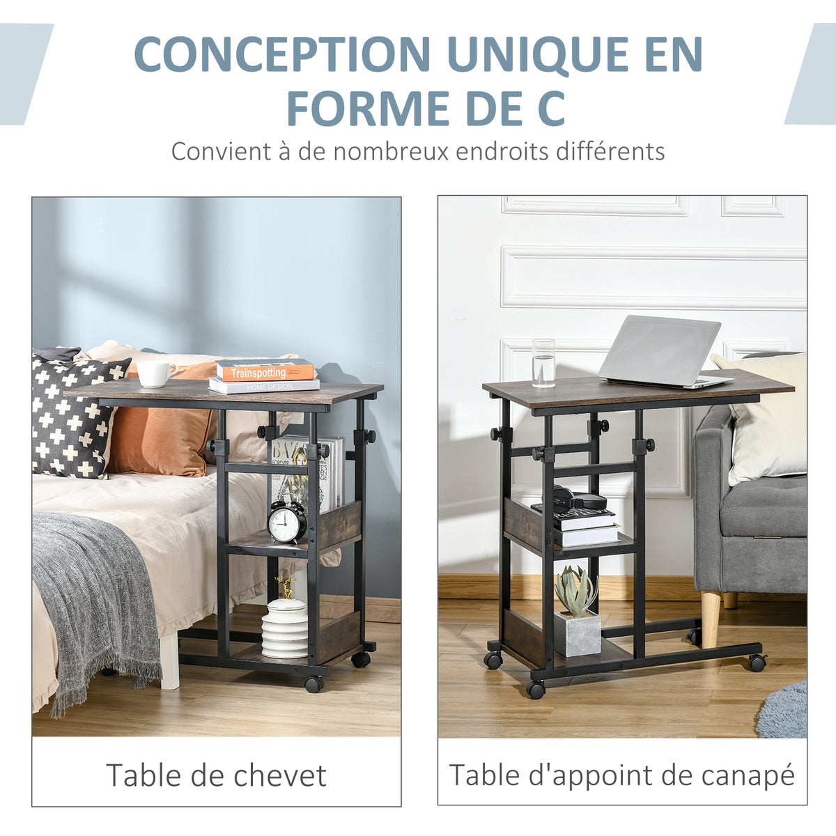 Table d'appoint Bout de canapé Table roulante Table de Lit pour Ordinateur Portable Hauteur réglable - 2 étagères intégrées - cadre métal, 80 x 40 x 72-82 cm, Marron-3