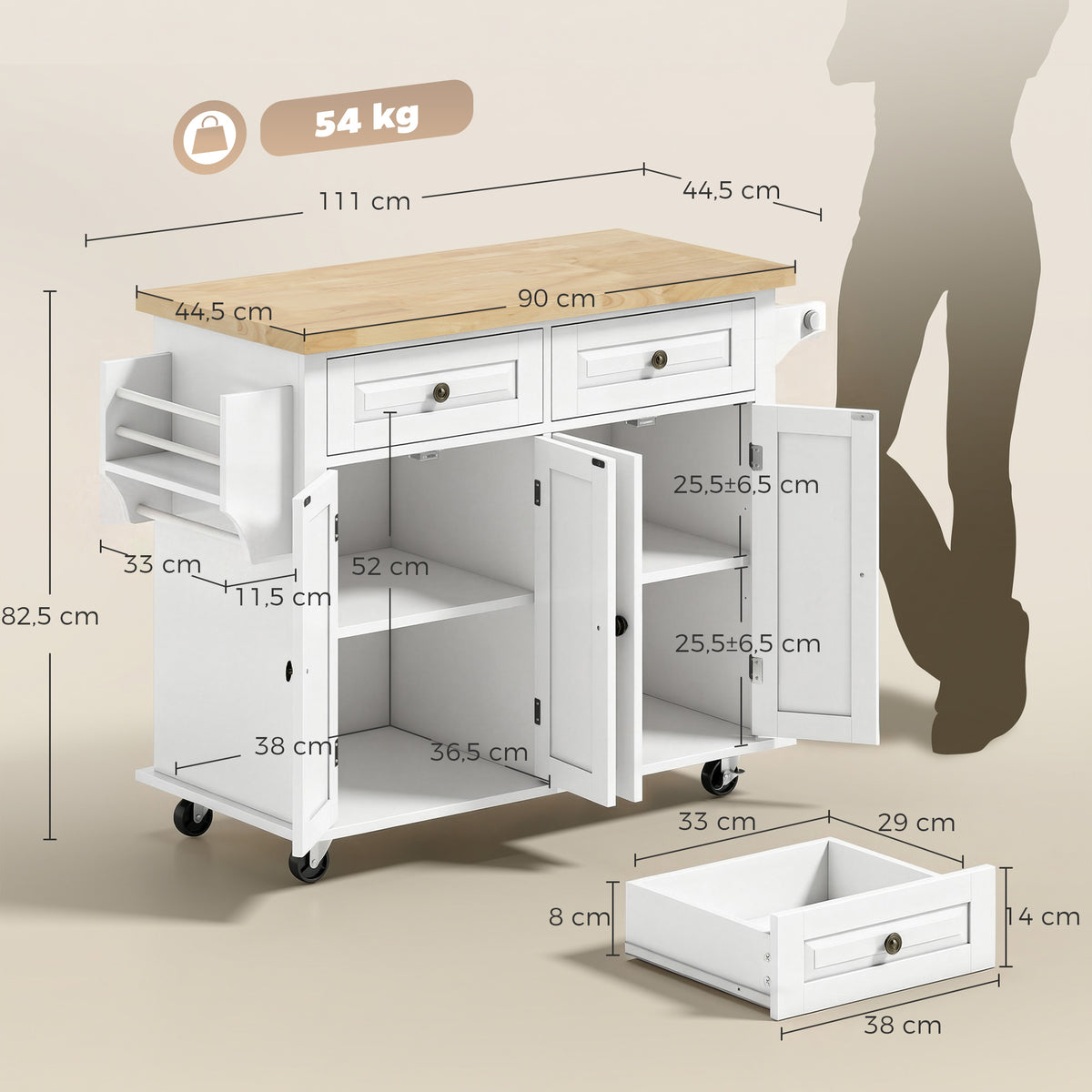 Îlot Central Cuisine avec Plateau en Hévéa, Desserte de Cuisine sur Roulettes avec 2 Tiroirs, 111 x 44,5 x 82,5cm, blanc-2