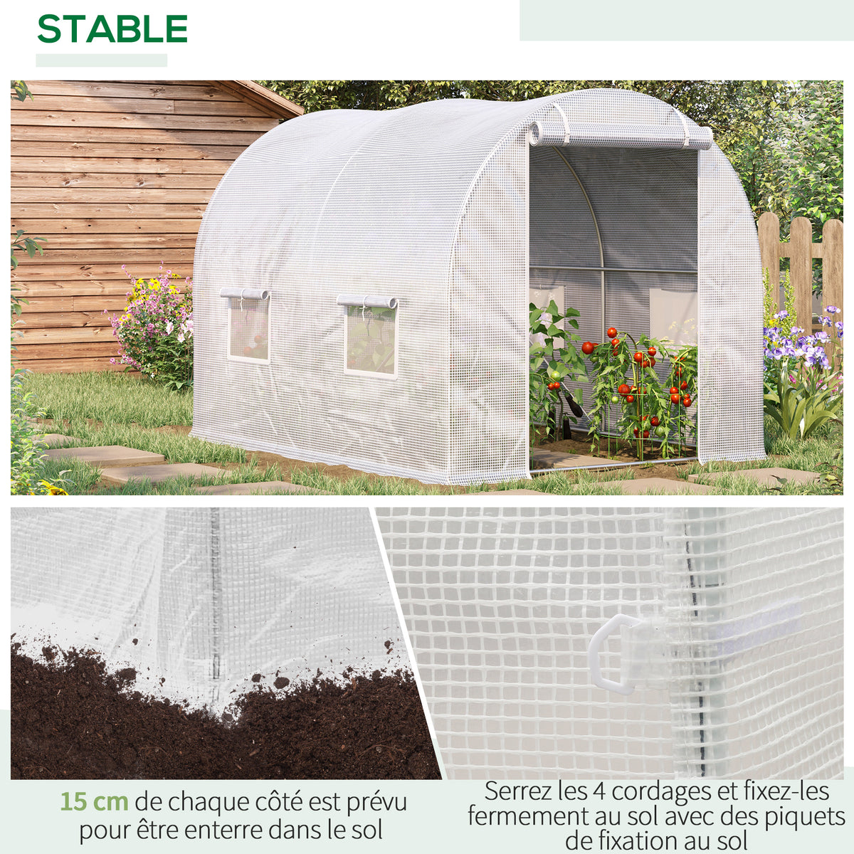 Serre de Jardin Tunnel 6 m² 3L x 2l x 1,9H m Acier galvanisé renforcé diamètre 2,4 cm + PE Haute densité fenêtres Porte Blanc-4