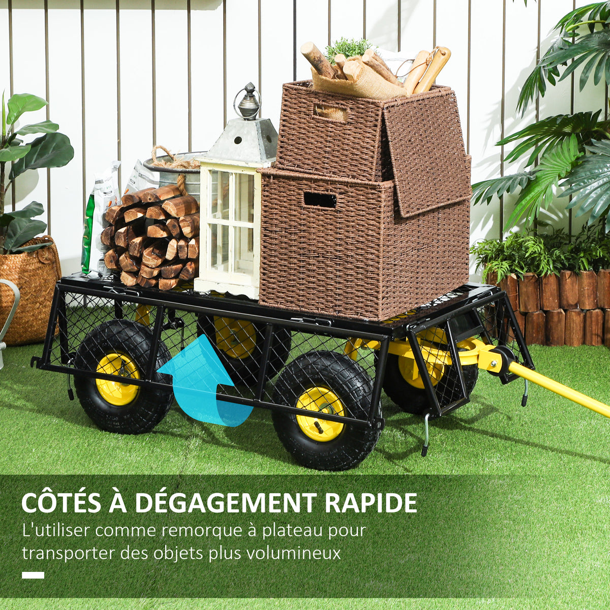 Chariot de jardin chariot de transport 4 roues côtés amovibles transformable en plateau 104 x 54 x 51 cm noir et jaune-4