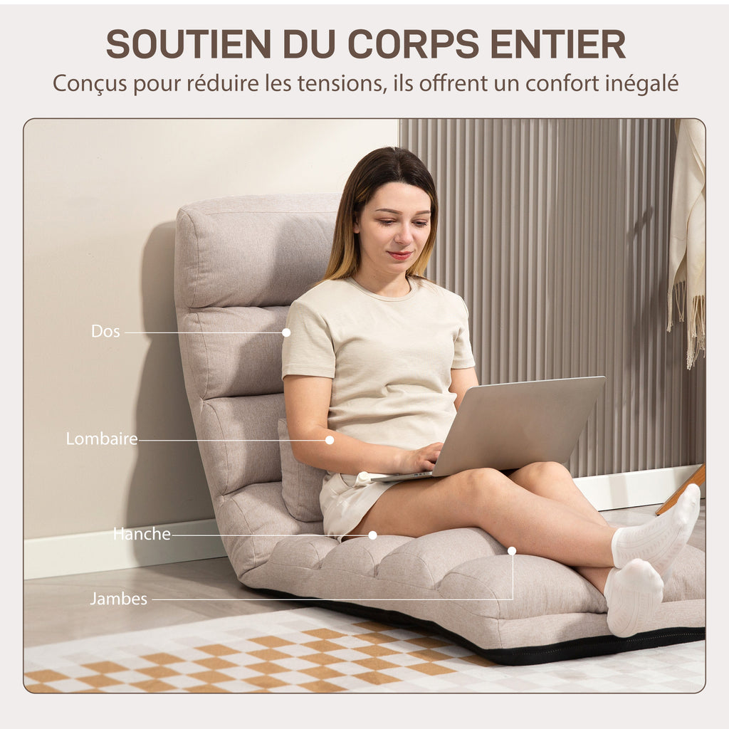 Chauffeuse 1 place fauteuil convertible avec dossier et appui-tête réglables sur 5 positions, 58x119x78cm, beige-5