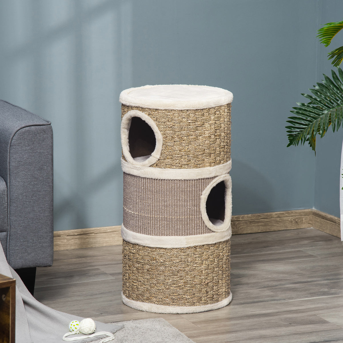 Tonneau à Gratter pour Chat, Arbre à Chat Sisal Naturel et Herbiers Marins Recouvert de Peluche, 37,5 x 37,5 x 70 cm, Kaki et Café-9