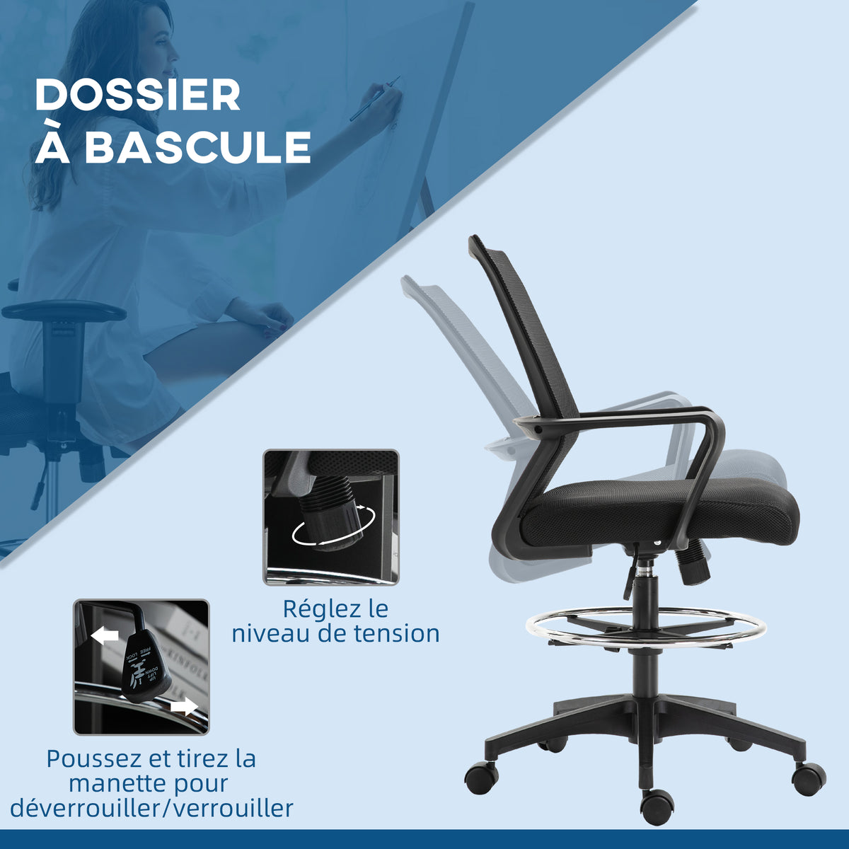 Lot de b2 fauteuils de bureau chaise de bureau assise haute réglable dim. 64L x 59l x 104-124H cm-4