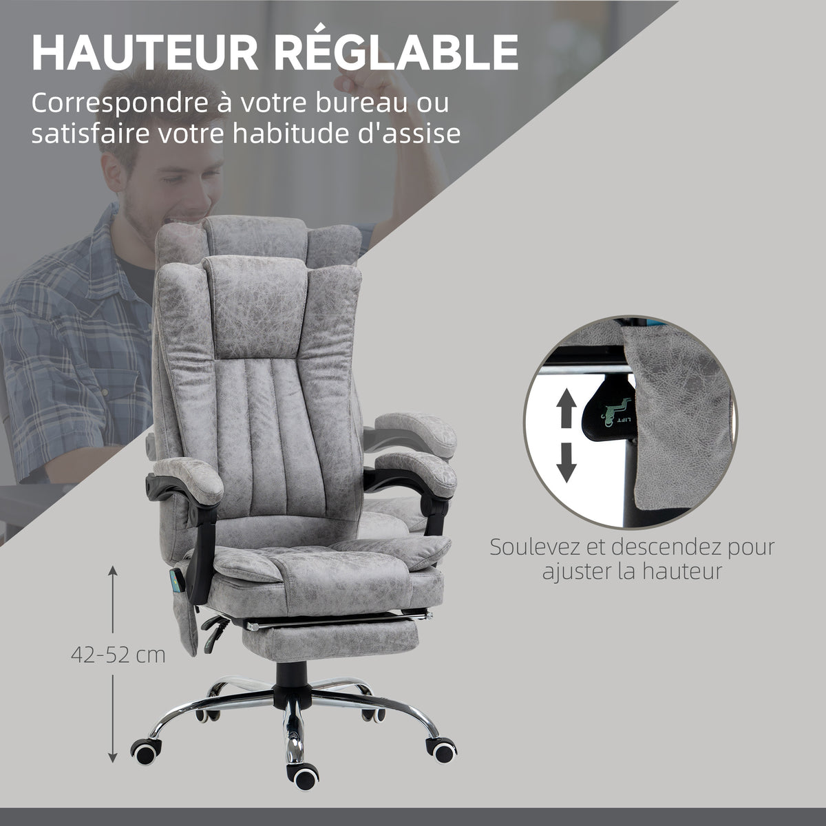 Fauteuil de bureau massant et chauffant, chaise de bureau, chaise ergonomique avec hauteur réglable, dossier inclinable, repose-pied et télécommande filaire, pivotant à 360°, gris-3