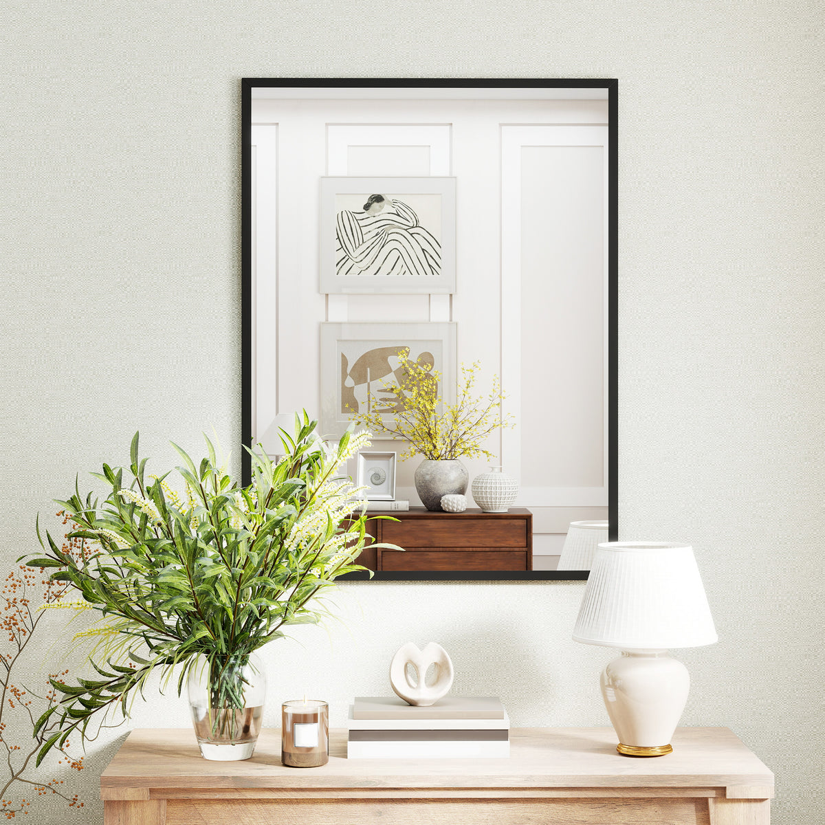 Miroir mural rectangulaire 76 x 101 cm, cadre en bois noir, idéal pour la salle de bain, salon ou chambre-1