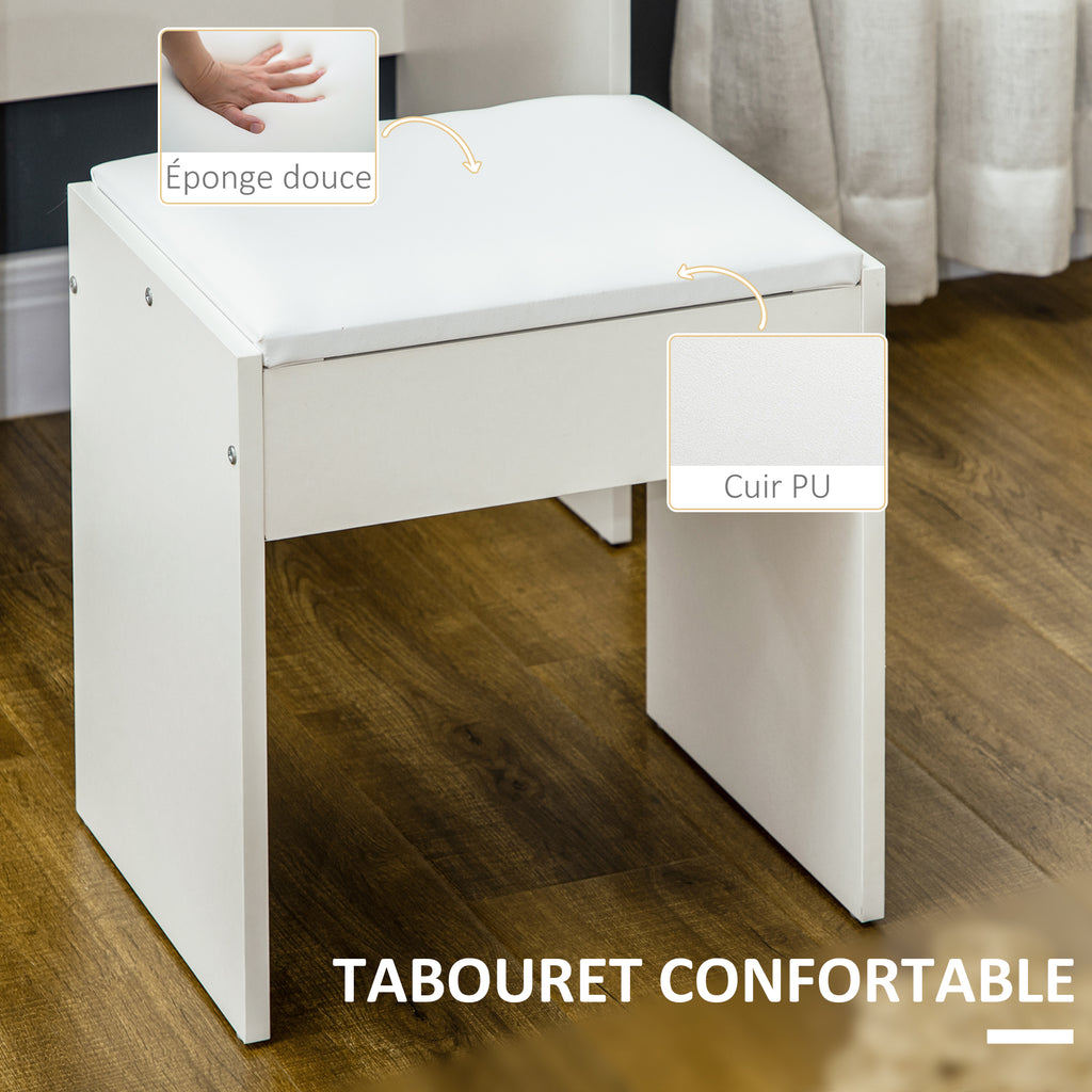Ensemble de coiffeuse avec tabouret rembourré grand miroir + plusieurs étagères ouvertes + 4 tiroirs blanc-5