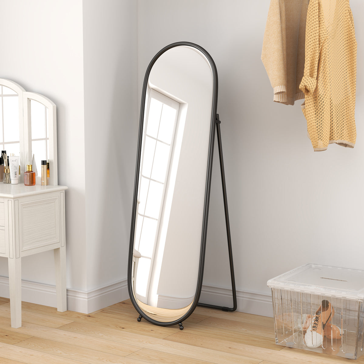 Grand miroir sur pied, miroir ovale, cadre en métal noir, avec support pour entrée, chambre, dressing, 40 x 160 cm-9