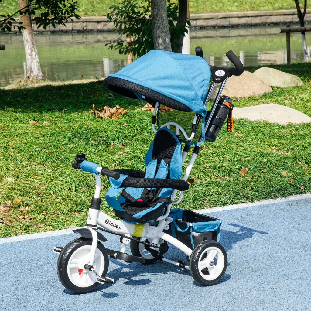 Tricycle 6 en 1 pour enfants, auvent, ceinture de sécurité 5 points, rangement, repose-pieds, frein, 1-5 ans, bleu-9