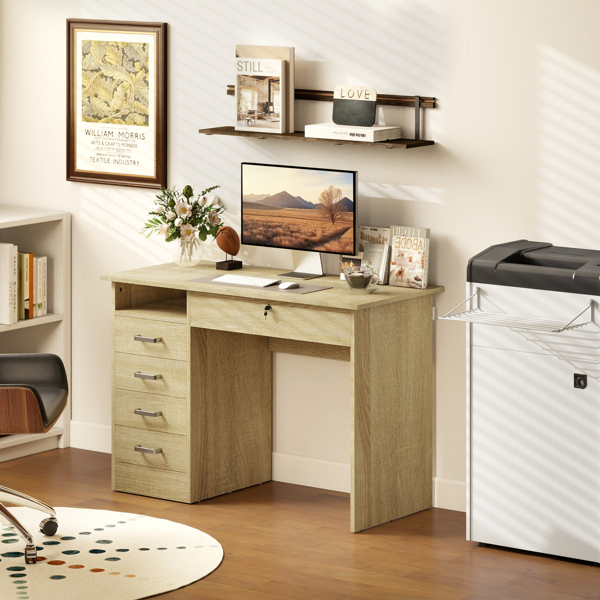 Bureau moderne avec 5 tiroirs, grand plateau, 1 compartiment ouvert, tiroir verrouillable, 110 x 50 x 76cm, chêne-9