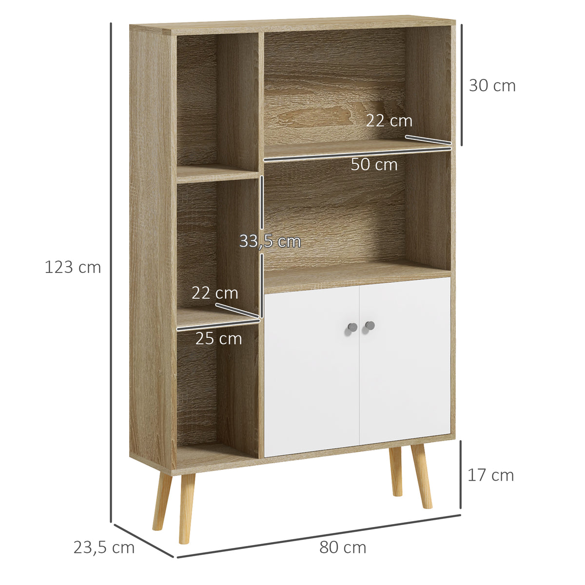 Bibliothèque scandinave meuble de rangement dim. 80L x 23,5l x 123H cm 5 niches placard 2 portes pieds effilés inclinés-2