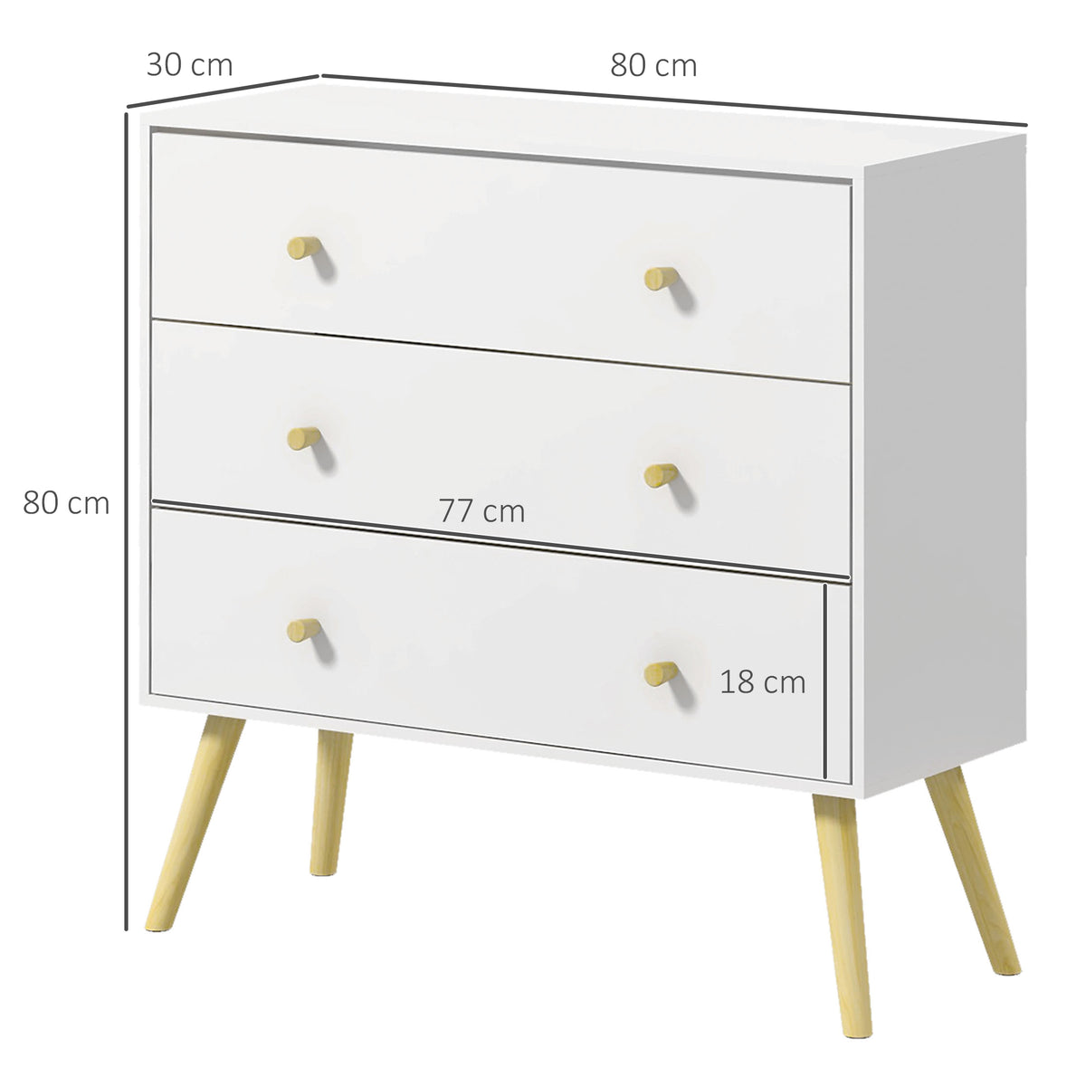 Commode 3 tiroirs design scandinave piètement effilé incliné bois pin panneaux blanc80 x 30 x 80 cm blanc-2