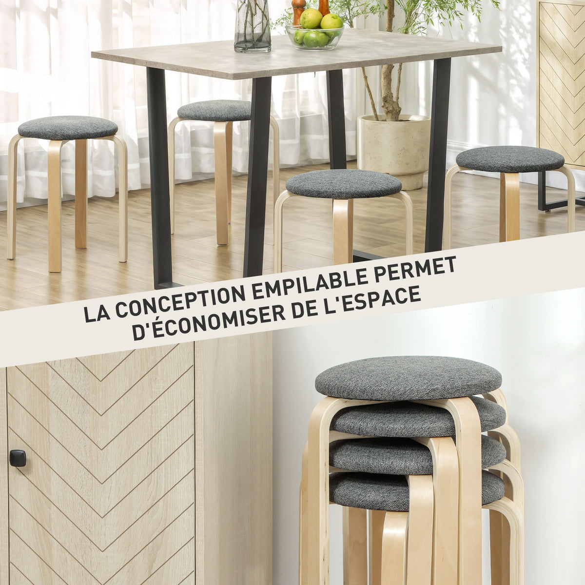 Ensemble de 4 tabourets empilables ronds sans dossier avec assise rembourrée, 40 x 40 x 45 cm, gris-3