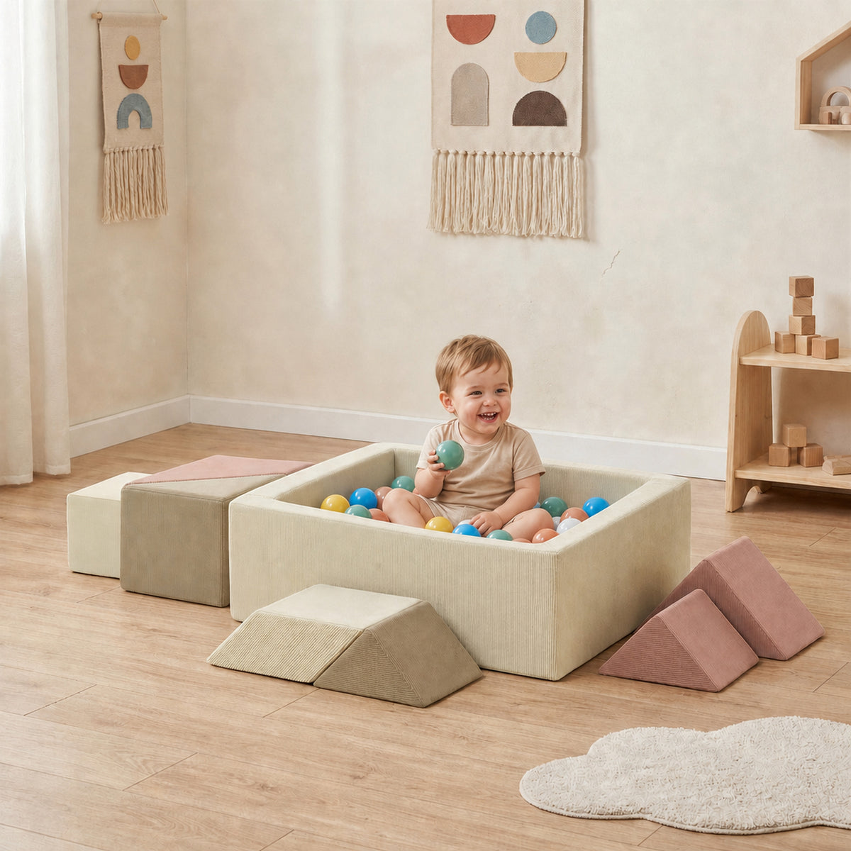 Parcours motricité bébé 9PCS avec piscine à balles, module en mousse souple avec housse en velours côtelé, multicolore-1