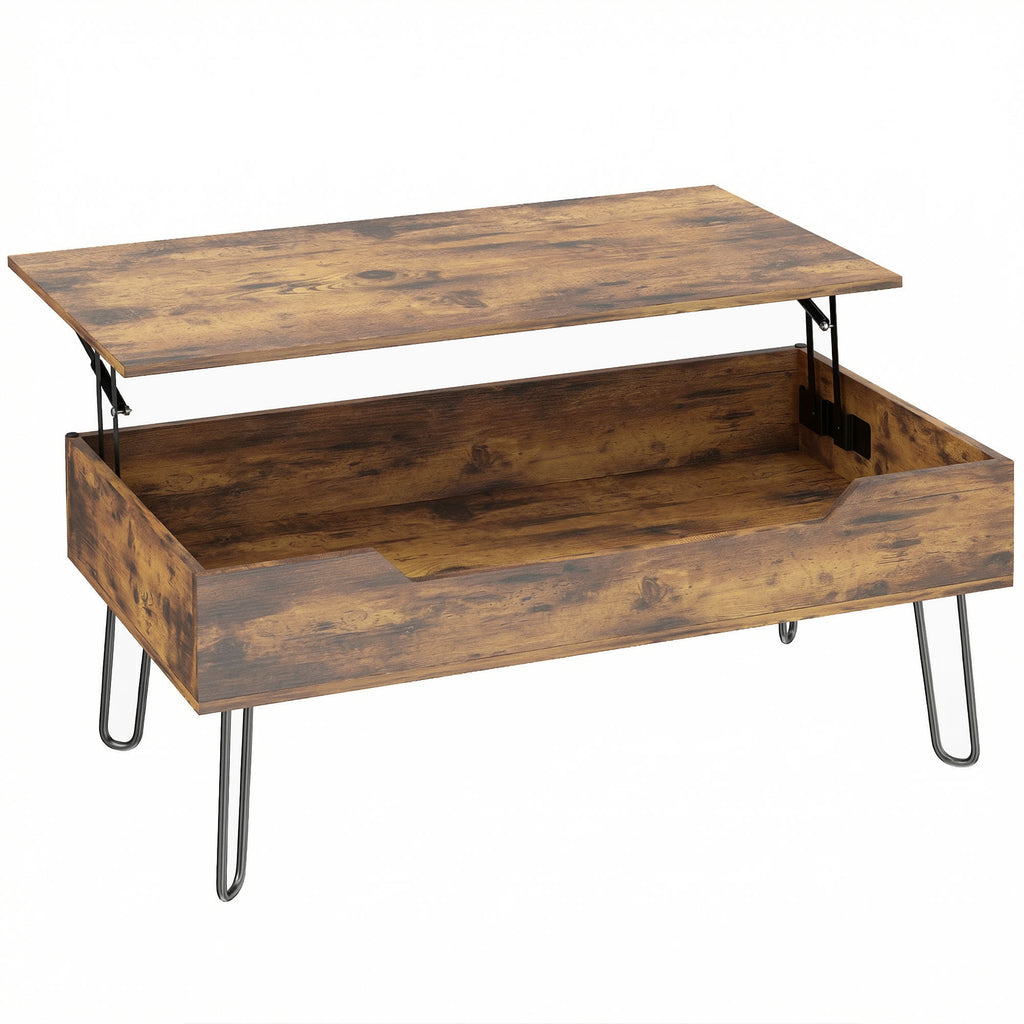 Table Basse Relevable en Bois avec Grand Rangement Caché, Hauteur Réglable, 95 x 50 x 40 cm, Marron Rustique-0