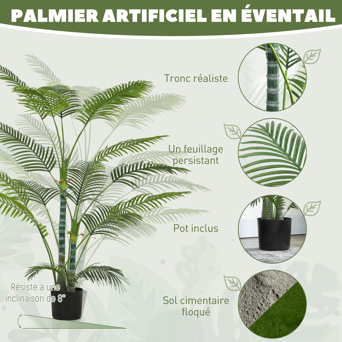Plante artificielle intérieure 170 cm, palmier arbre artificiel avec pot en plastique et flocage, vert-3