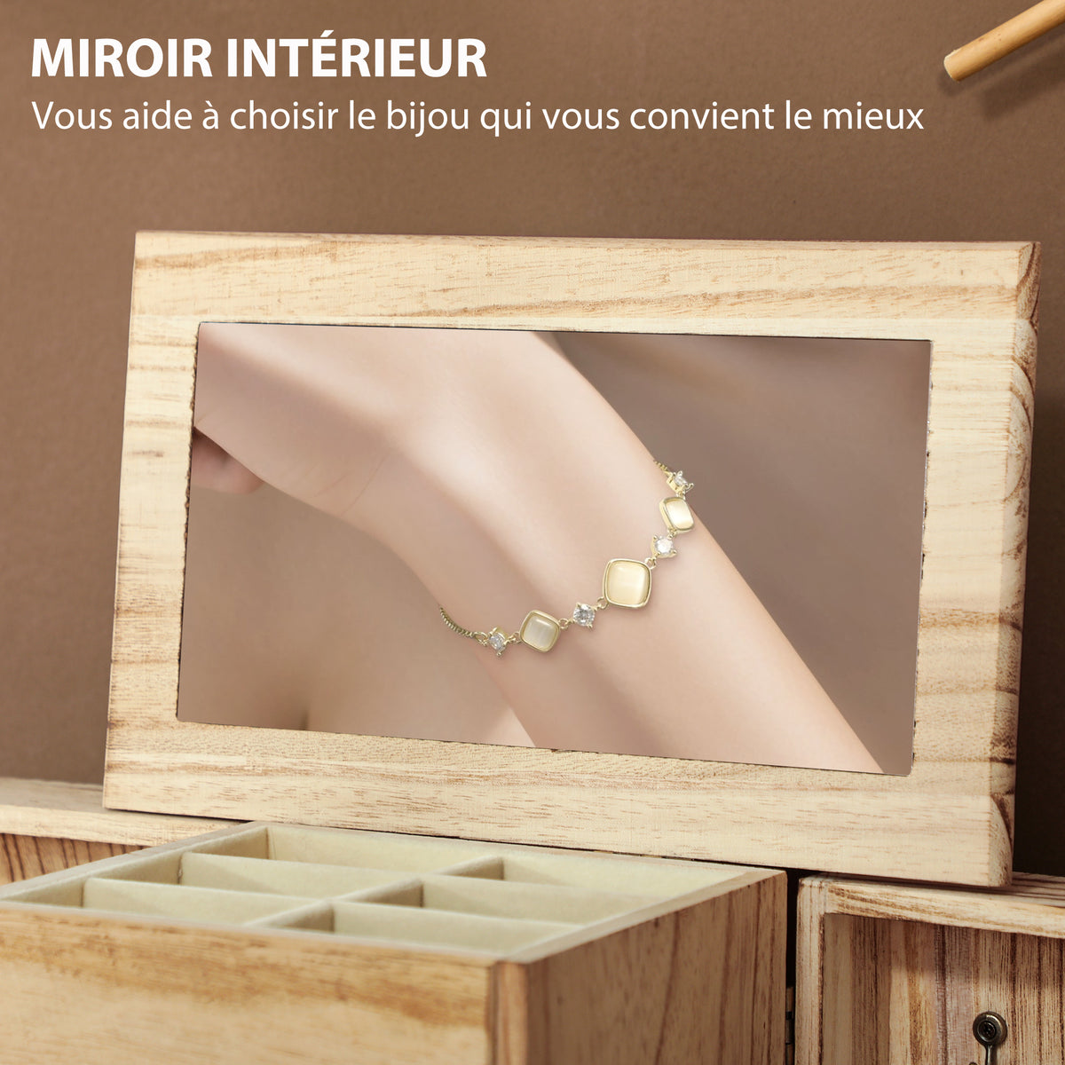 Boîte à bijoux femme à 4 niveaux, coffre à bijoux avec ailes, miroir et 2 tiroirs, 26,5 x 16 x 33,5 cm, marron-4