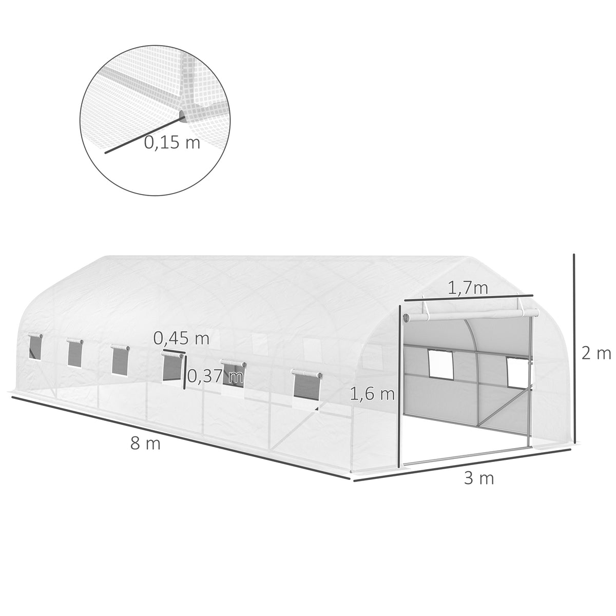 Serre de jardin tunnel grande taille avec bâche PE cadre en acier porte enroulable et 12 fenêtres 8 x 3 x 2 m blanc-2