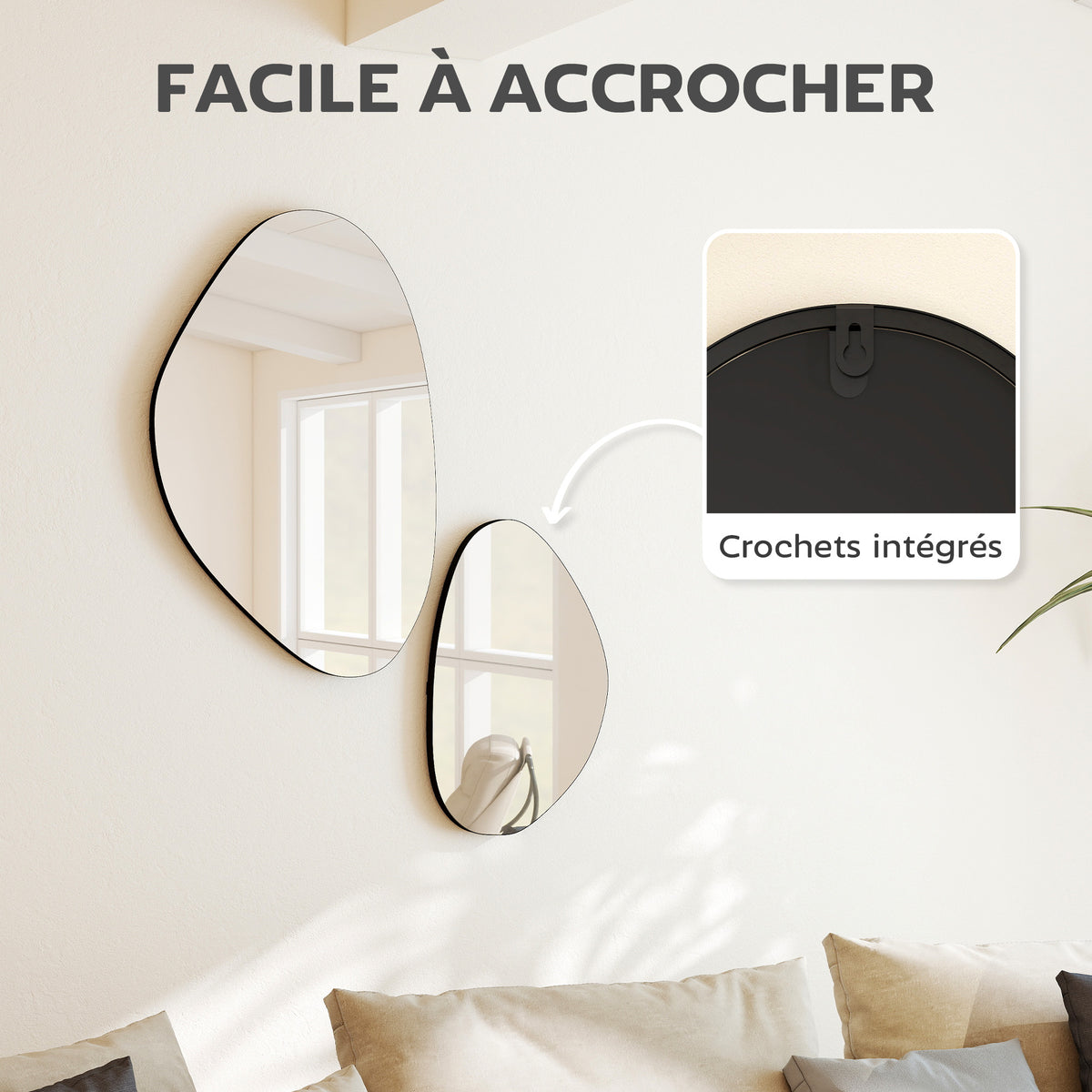 Lot de 2 miroirs muraux, miroirs décoratifs irréguliers en forme de galet, cadre en métal, 70 x 46 cm/49,5 x 31 cm, noir-4