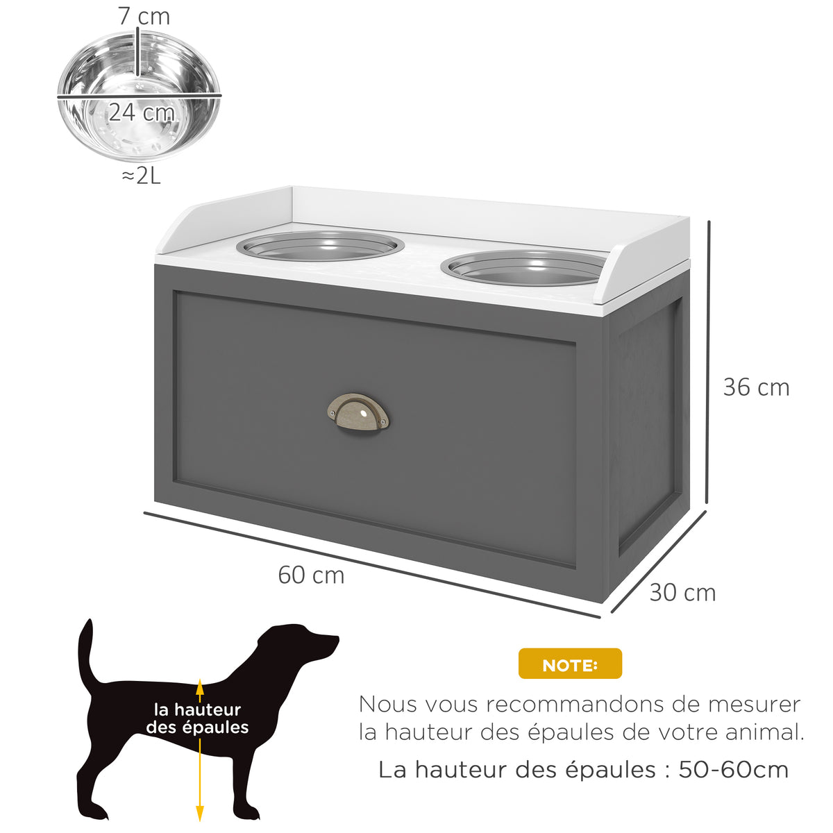 Gamelle double chien chat - porte-gamelles surélevé rangement 2 en 1 - tiroir, 2 gamelles - acier inox. MDF blanc gris-2