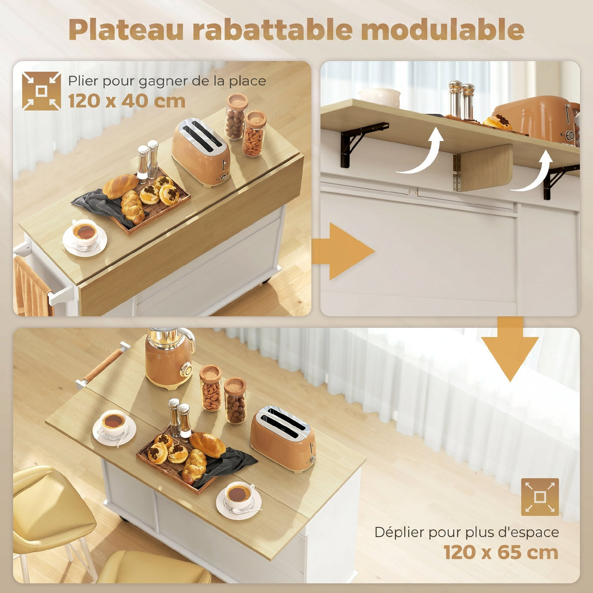Îlot Central Cuisine avec Plateau Rabattable, Roulettes, 2 Tiroirs, Portes à Fermeture Douce, Porte-Serviettes, Blanc-4