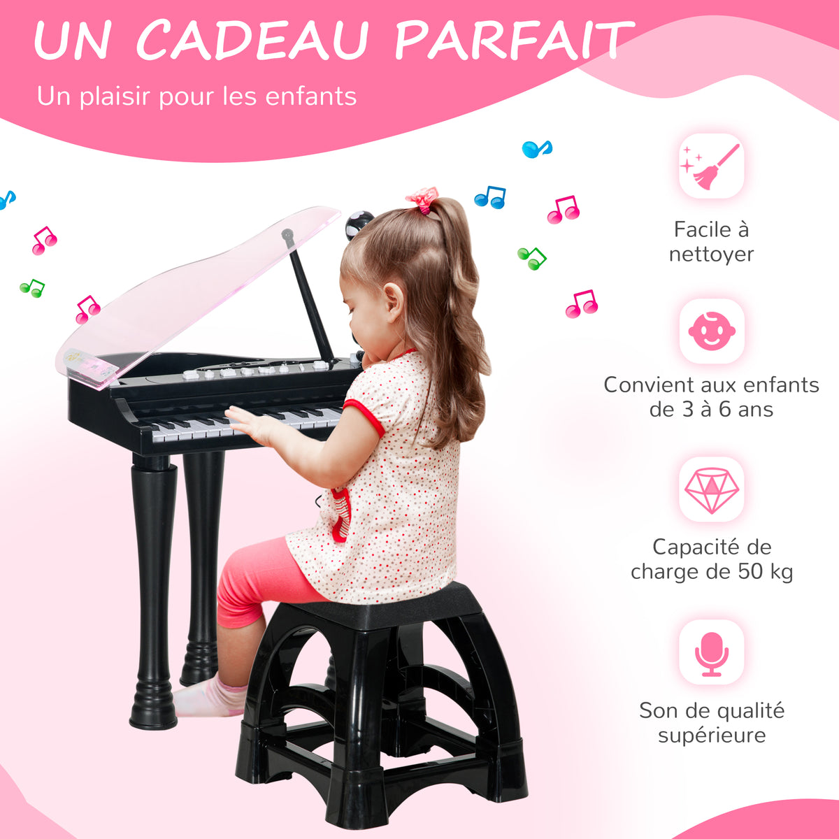 Piano enfant électronique 32 touches multifonctions avec micro haut parleur tabouret couvercle lumineux LED noir-6