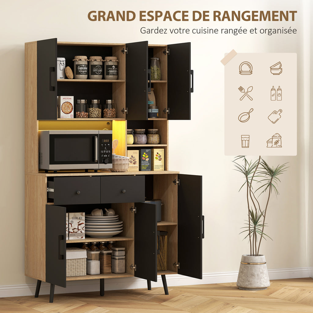 Buffet cuisine meuble cuisine rangement haut avec lumière LED RGB plan de travail 6 portes 2 tiroirs 100x40x176cm noir-4