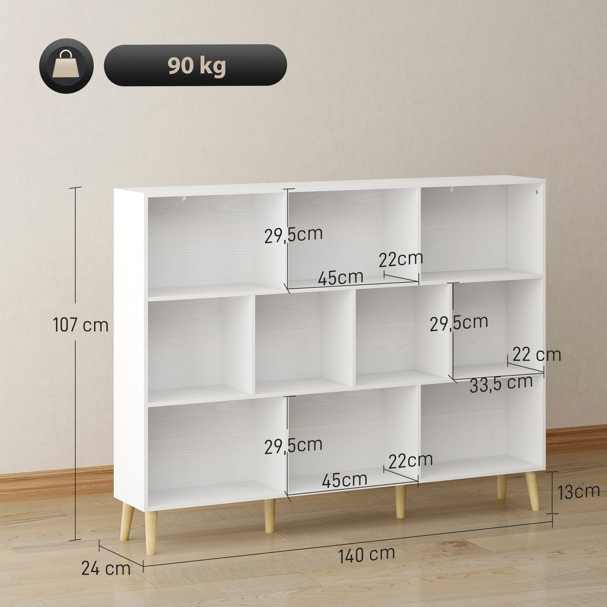 Bibliothèque à 3 Niveaux avec 10 Compartiments, Étagère de Rangement avec Pieds en Bois Massif, Effet Bois Blanc-2