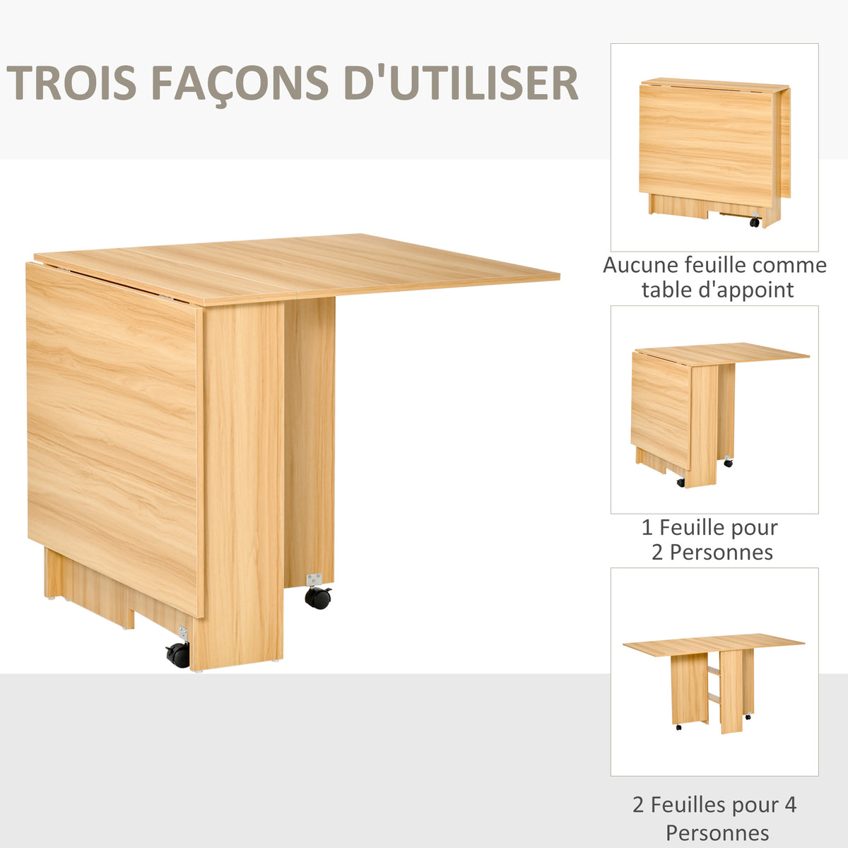 Table pliante de cuisine salle à manger amovible sur roulettes 80L x 140l x 74H cm 2 étagères intégrées en bois coloris bois naturel-3