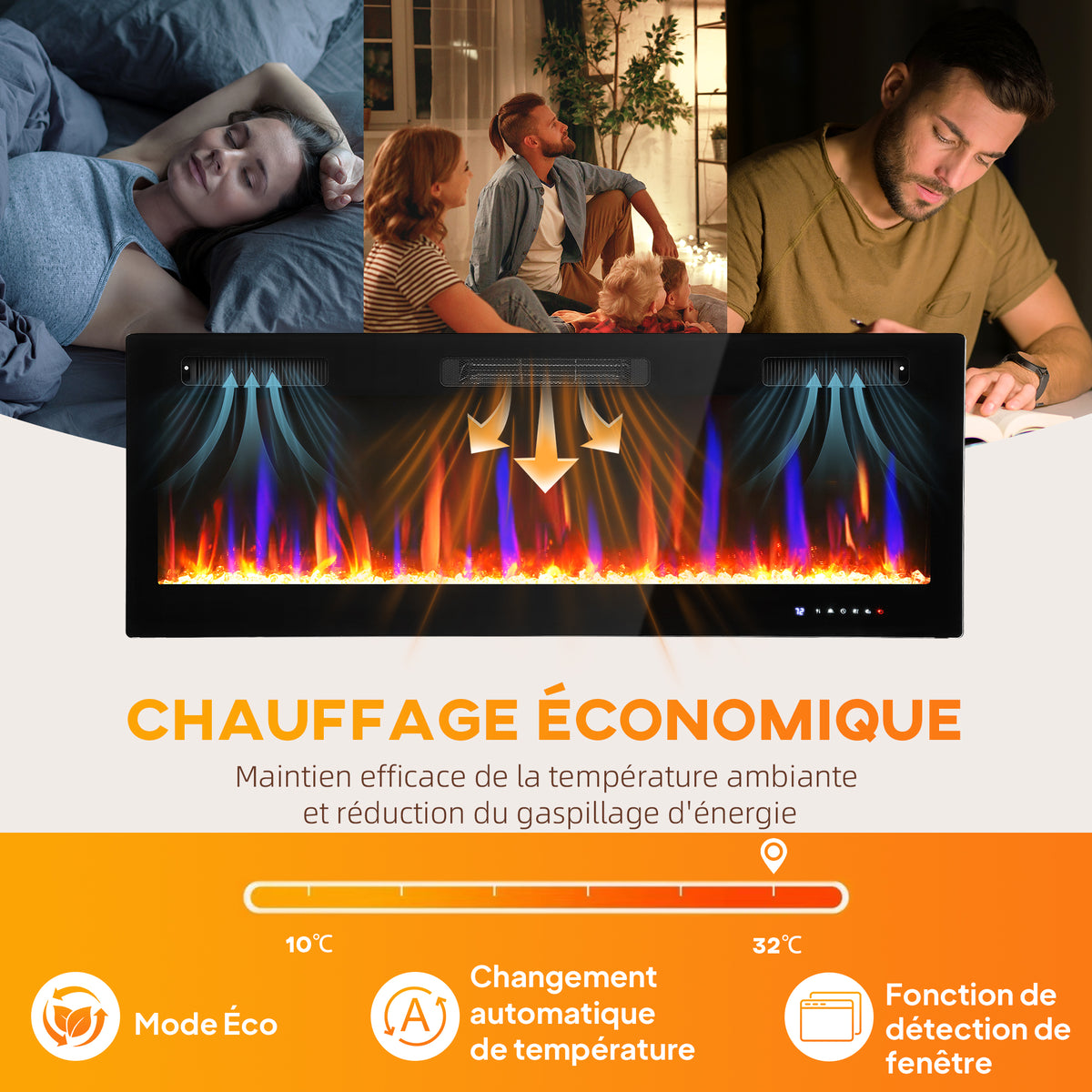 Cheminée électrique mural ou encastrable 900W/1800W, effet flamme à 12 couleurs 5 luminosités, 127 x 9,4 x 47 cm, noir-5