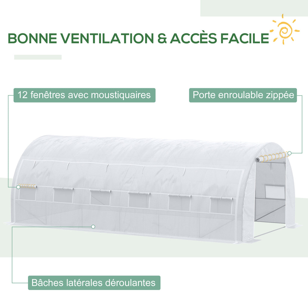 Serre de jardin 18 m² 6L x 3l x 2H m avec porte + parois latérales zippées enroulables, 12 fenêtres, acier PE-4