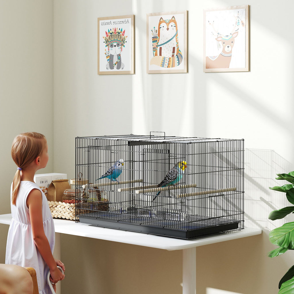 Cage à oiseaux volière intérieur acier avec séparateur 4 perchoirs plateau coulissant 4 mangeoires 76 x 46 x 46 cm noir-1