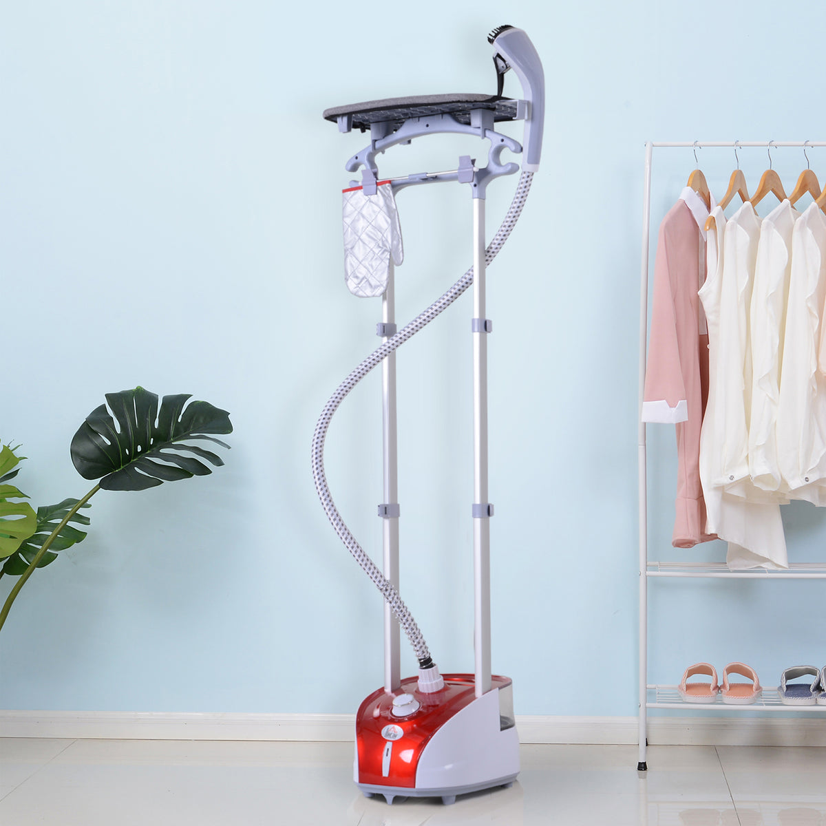 Défroisseur vapeur vertical 1950 W 32g/min, réservoir d'eau de 2 litres, tige télescopique, fer vertical autonomie 45min, 11 températures réglables, prêt en 38s, planche et cintre fournis rouge-1