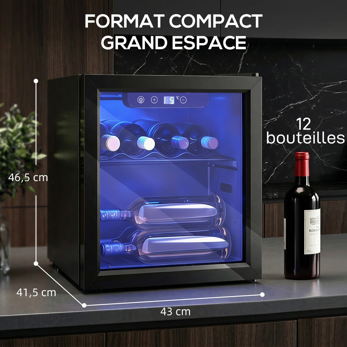 Cave à vin 12 bouteilles 36L, réfrigérateur à vin et boissons avec température réglable 4-16 °C, porte réversible, noir-2