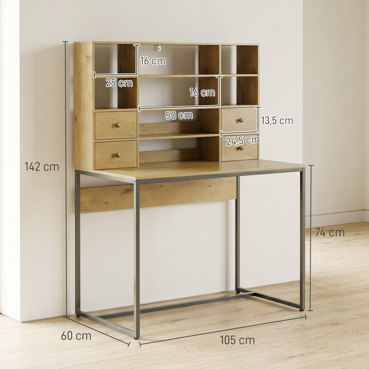 Bureau d'ordinateur avec 4 tiroirs, 105 x 60 cm, bureau avec rangement, étagères ouvertes, 105 x 60 cm, bois naturel-2