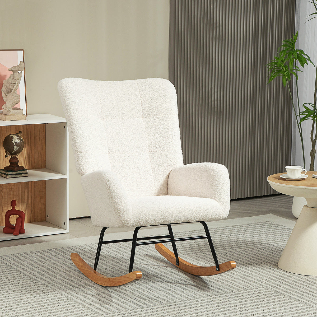 Fauteuil à bascule en tissu effet laine bouclée avec pieds en bois massif d'hévéa pour chambre, salon, crème-8